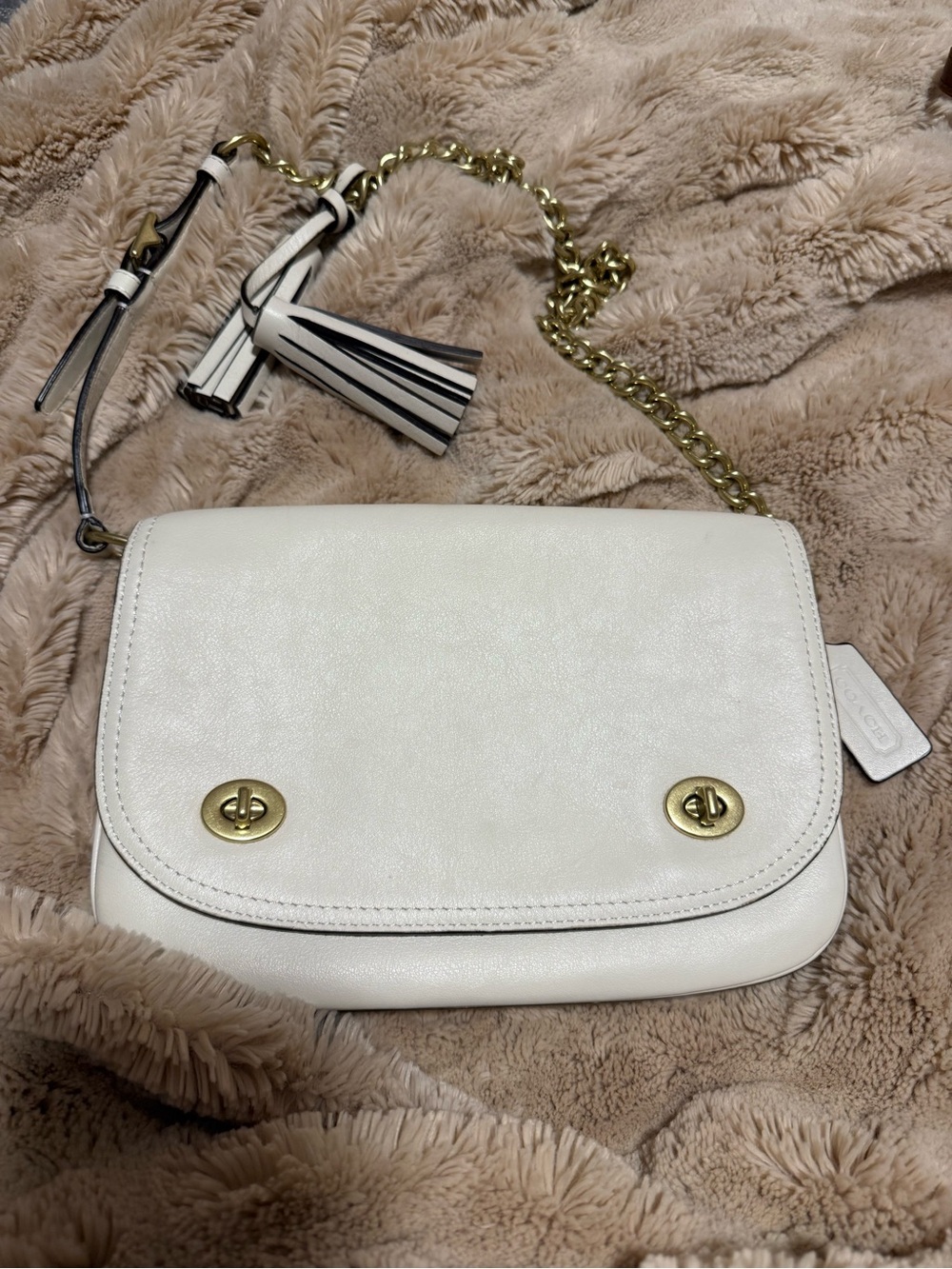 Coach Ivory Leather Crossbody with Gold Chain and Tassel